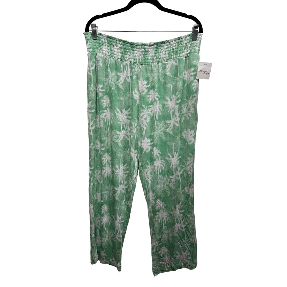 Tranquil & True Womens XL Green Palm Tree Smocked Waist Pajama Lounge Pants NEW